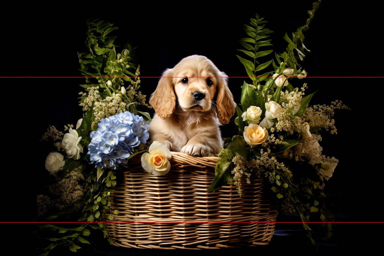 A golden-colored cocker spaniel puppy sits in a wicker basket surrounded by various flowers including blue hydrangeas, white roses, and greenery. The dark background emphasizes the cocker spaniel puppy and floral arrangement, giving the picture dramatic lighting. The little cocker spaniel puppy looks directly at the camera with a calm expression.